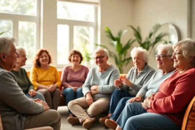 Adultos mayores participando en ejercicios de inteligencia emocional en grupo.
