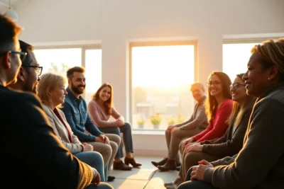 Ejercicios inteligencia emocional grupo compartiendo al atardecer.