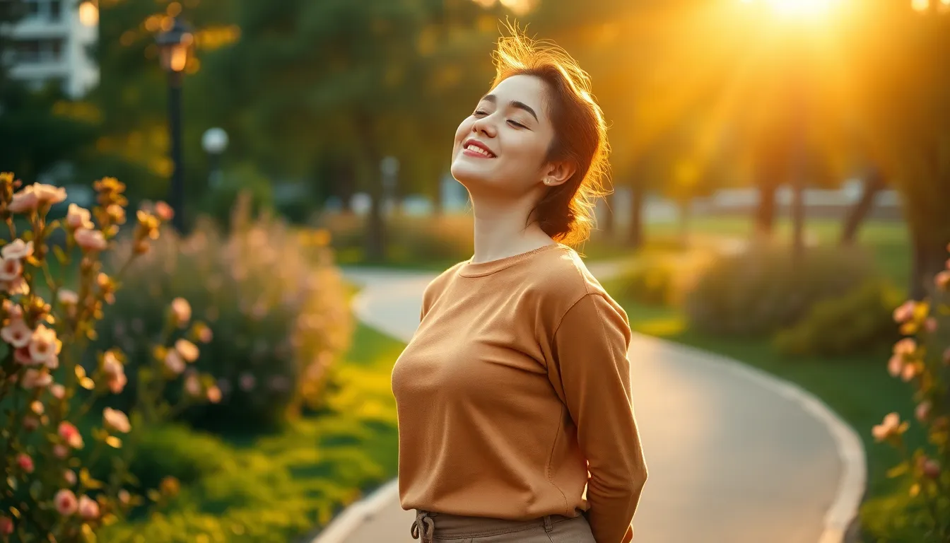 Mujer disfrutando de ejercicios mejorar autoestima adultos en un parque