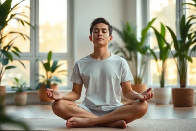 Joven practicando meditación como ejercicios mejorar inteligencia emocional