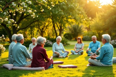 Ejercicios mindfulness adultos mayores reunidos en un parque al aire libre