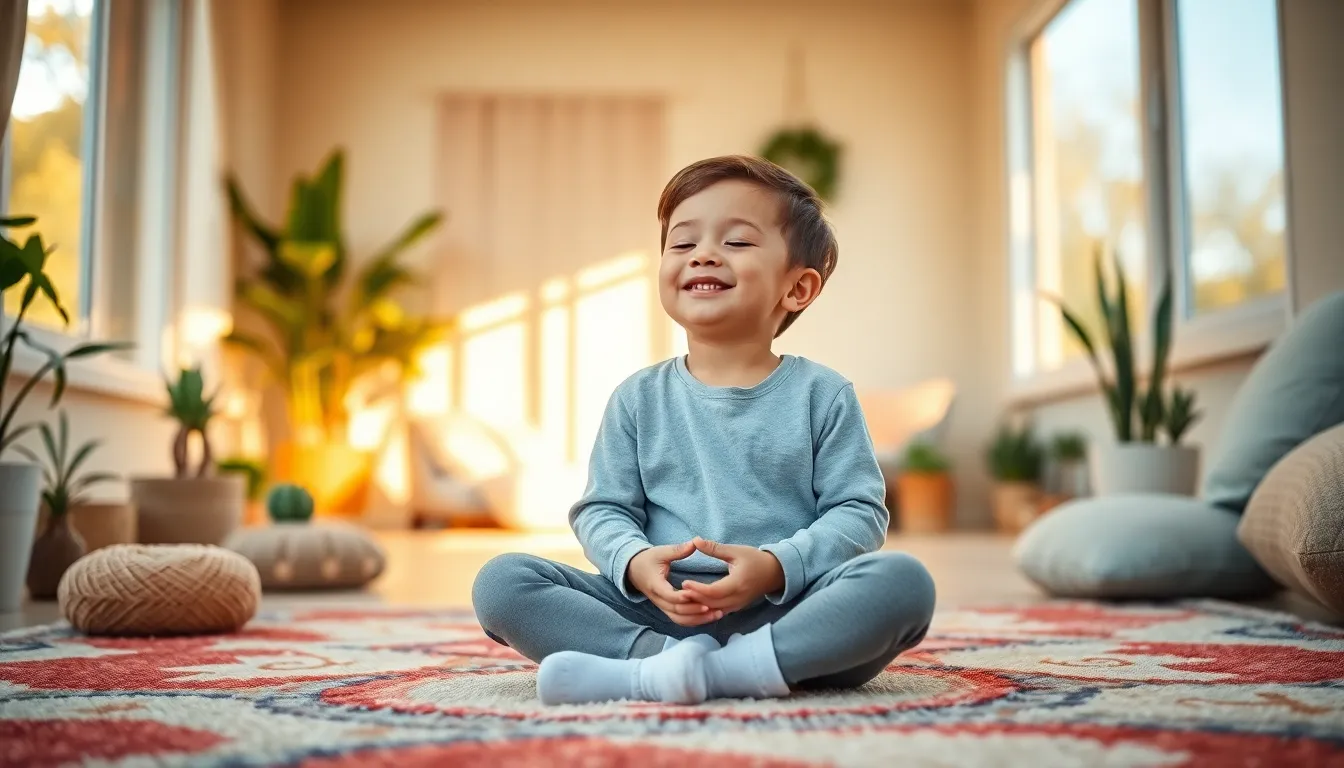 Niño pequeño meditando felizmente