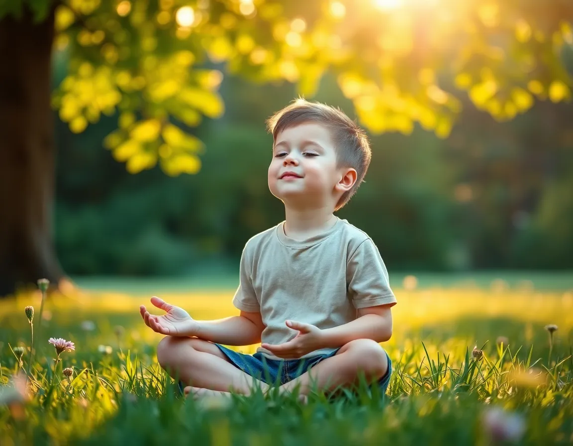 Niño practicando ejercicios mindfulness para niños con TDAH al aire libre.