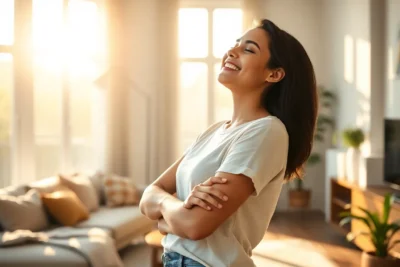 Mujer sonriente practicando ejercicios prácticos mejorar autoestima en su hogar