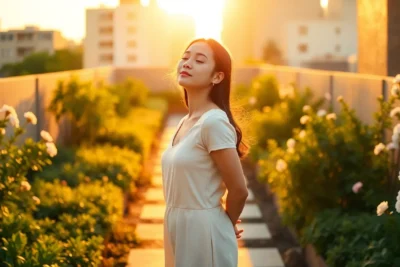 Mujer practicando ejercicios prácticos para subir la autoestima y confianza al aire libre.