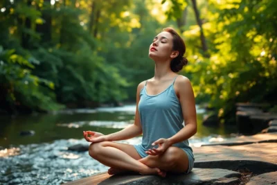 Mujer practicando ejercicios respiracion consciente mindfulness en un entorno natural