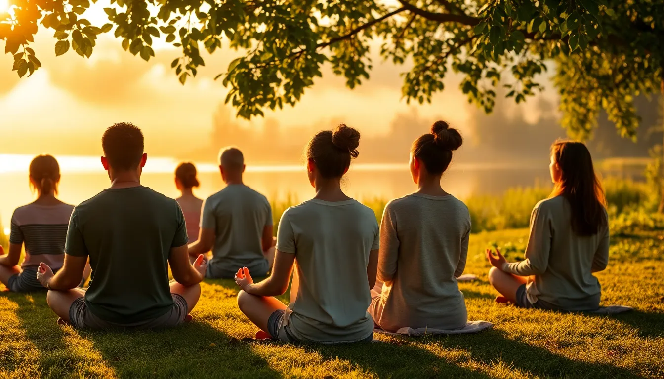Grupo de personas practicando ejercicios se hacen mindfulness al amanecer junto al lago.