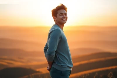 Joven sonriendo en un campo al amanecer, reflejando confianza personal.