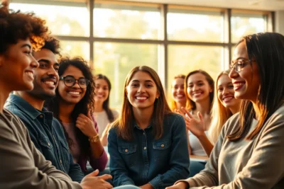 Grupo realizando ejercicios para trabajar autoestima adolescentes en un ambiente positivo.