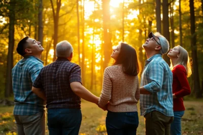 Ejercicios trabajar confianza grupo en un bosque iluminado por el atardecer