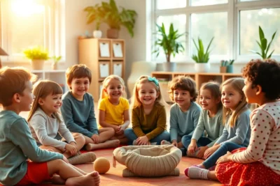 Niños sonrientes sentados en círculo participando en ejercicios trabajar inteligencia emocional ninos