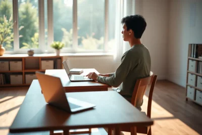 Persona enfocada trabajando en laptop para eliminar distracciones estudiar.