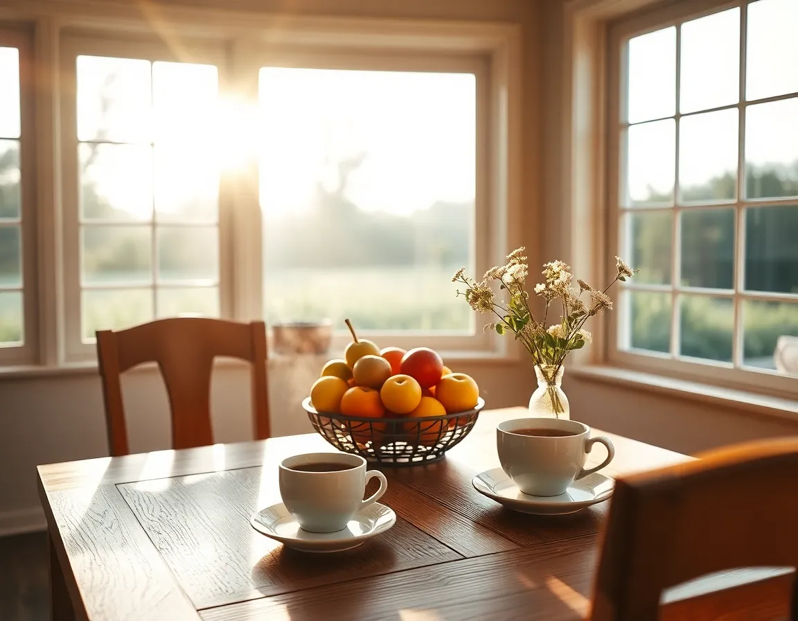 Mesa de desayuno con frutas y café para empezar bien mañana