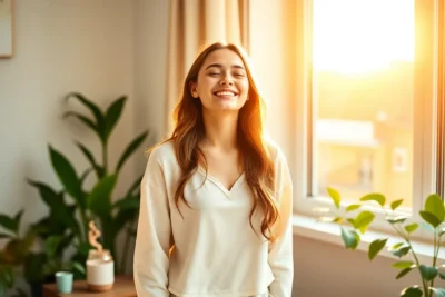 Mujer sonriendo en una habitación luminosa para empezar el día con energía positiva