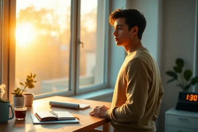 Joven incorporando el hábito de una rutina matutina al amanecer.