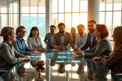 Grupo discute estrategias aumentar productividad empresa en sala de reuniones.
