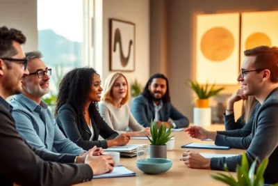 Grupo de personas discutiendo estrategias para desarrollar competencias de inteligencia emocional