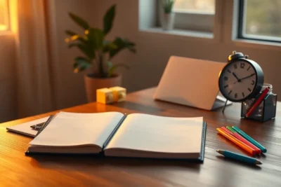 Agenda abierta junto a reloj en escritorio para estrategias efectivas organizar tiempo