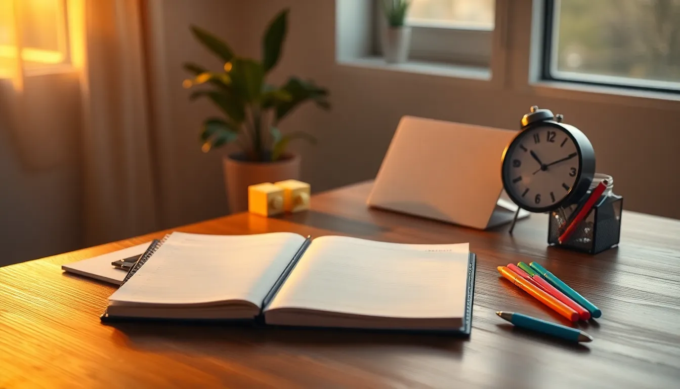Agenda abierta junto a reloj en escritorio para estrategias efectivas organizar tiempo