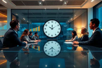 Personas en reunión discutiendo estrategias gestion tiempo empresas