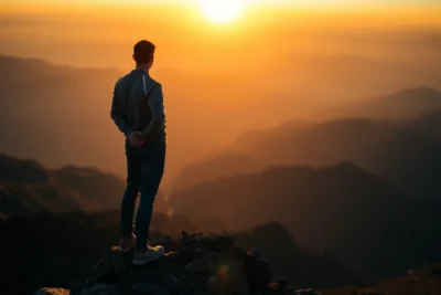 Hombre en la montaña contemplando el amanecer como estrategias lograr superacion personal