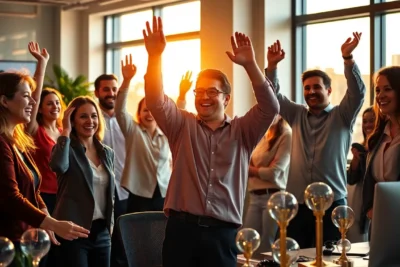 Grupo de personas celebrando en una oficina usando estrategias motivacion su efectividad