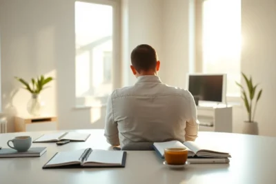 Hombre concentrado en escritorio para evitar distracciones trabajo