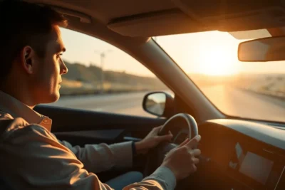 Hombre conduciendo y evitando distracciones al volante al atardecer