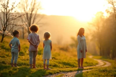 Niños observando el atardecer reflejando fases desarrollo personalidad.