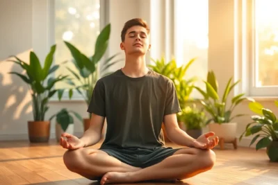 Joven meditando al amanecer para fortalecer habilidades inteligencia emocional.