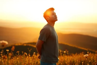 Hombre joven contemplando el atardecer para ganar confianza uno mismo.