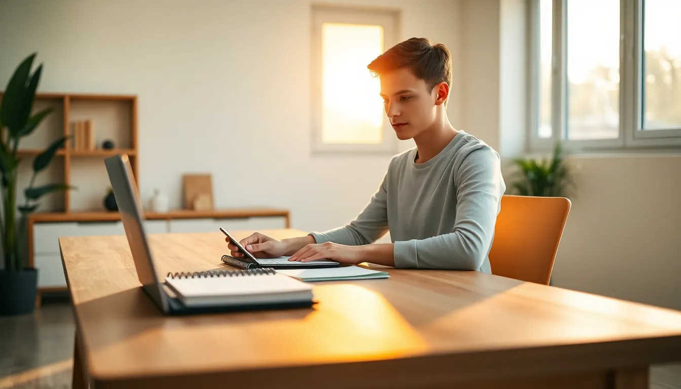 Joven trabajando en un escritorio con un portátil en busca de cómo ser más productivo y gestionar mejor el tiempo eficazmente