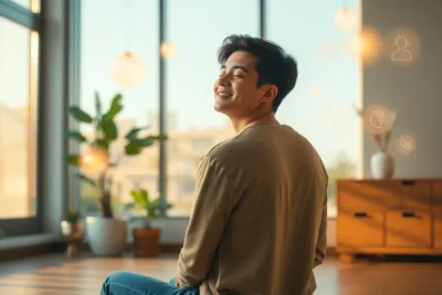 Persona meditando con iconos emocionales