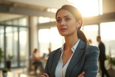 Mujer líder en oficina moderna mostrando habilidades capacidades inteligencia emocional.