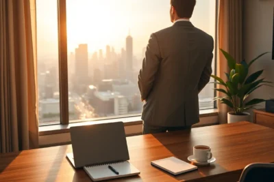 Hombre de negocios mirando la ciudad al amanecer, simbolizando habitos diarios exito personas ricas