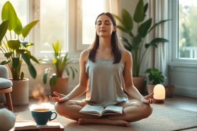 Mujer meditando en casa con hábitos mejorar tu día a día