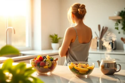 Mujer contemplando la mañana con hábitos saludables incluidos desayuno nutritivo
