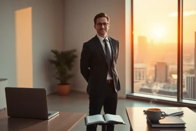 Oficina moderna al amanecer, reflejando los hábitos tienen personas exitosas
