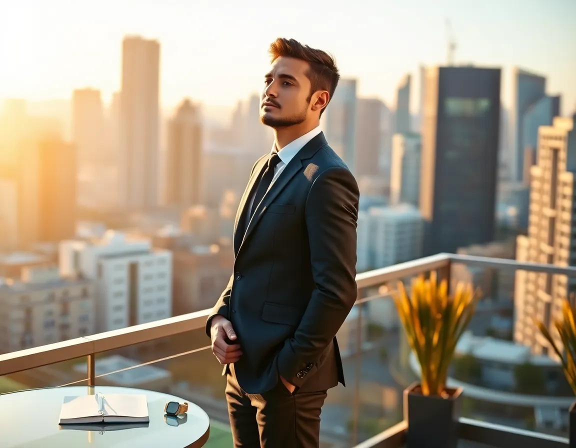 Joven reflexionando en un balcón sobre hábitos triunfar vida en un entorno urbano.