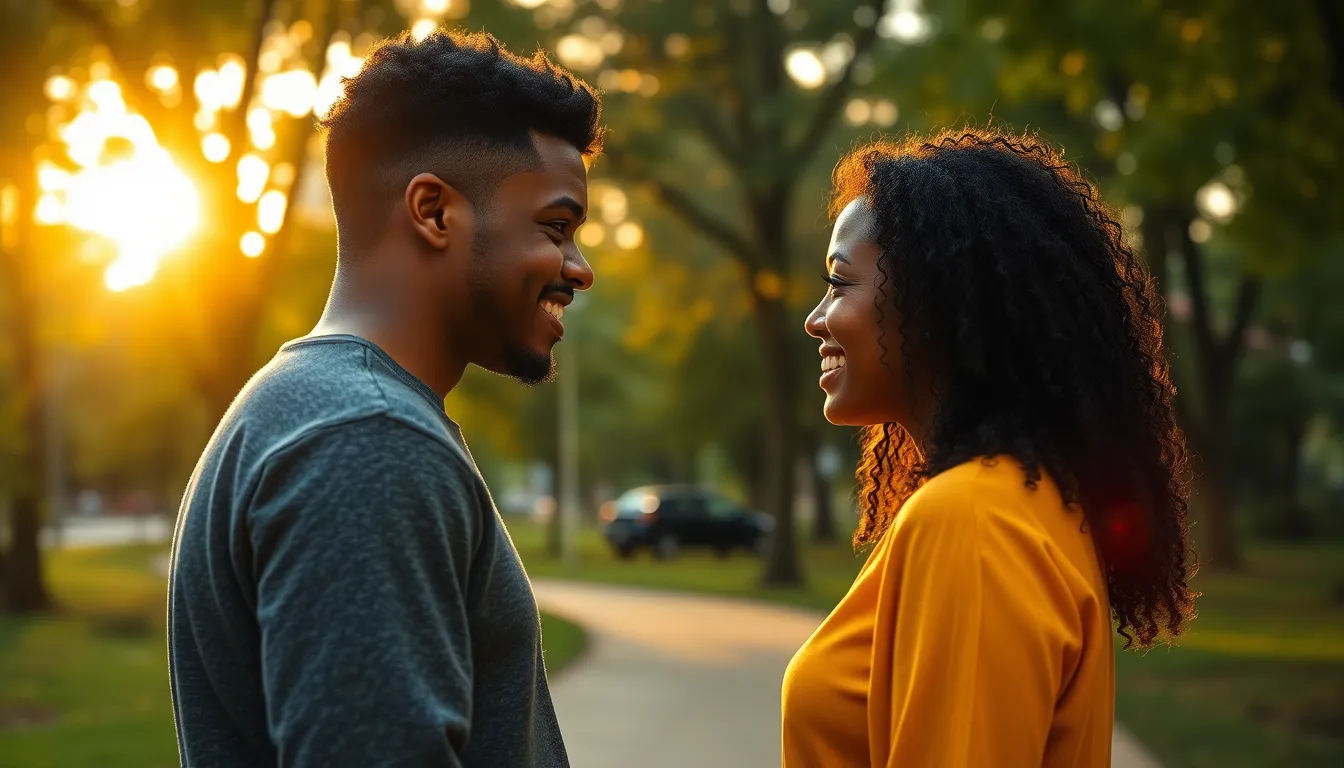 Dos personas sonriendo en un parque demuestra que hace falta construir confianza personas.