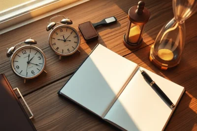 Herramientas administrar tiempo sobre una mesa con reloj y cuaderno.