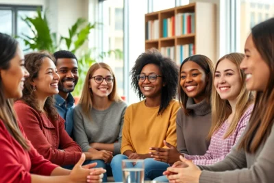 Grupo de estudiantes universitarios desarrollando inteligencia emocional y habilidades sociales en un entorno de nivelación.