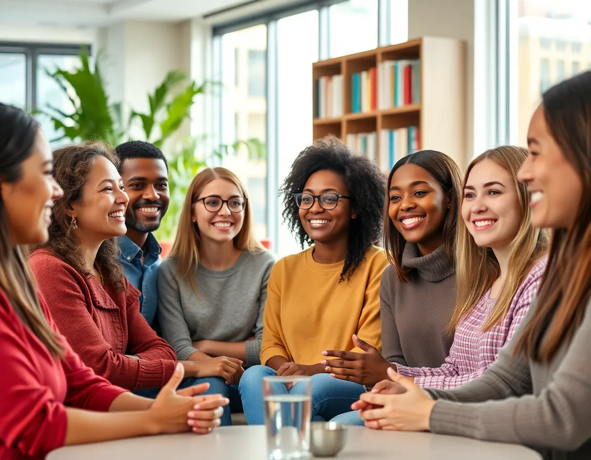 Grupo de estudiantes universitarios desarrollando inteligencia emocional y habilidades sociales en un entorno de nivelación.