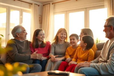 Inteligencia emocional mejora relaciones familiares sociales mostrando a varias personas sonriendo en una sala de estar.