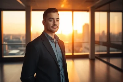 Liderazgo emocional 9 estrategias liderar inteligencia en oficina con vista al atardecer.