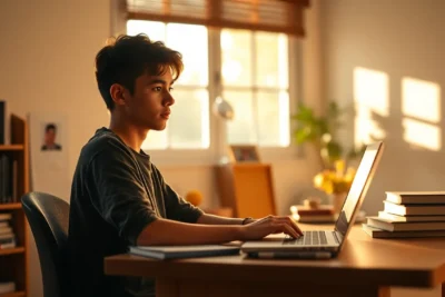 Joven utilizando la laptop para mantener concentración al estudiar