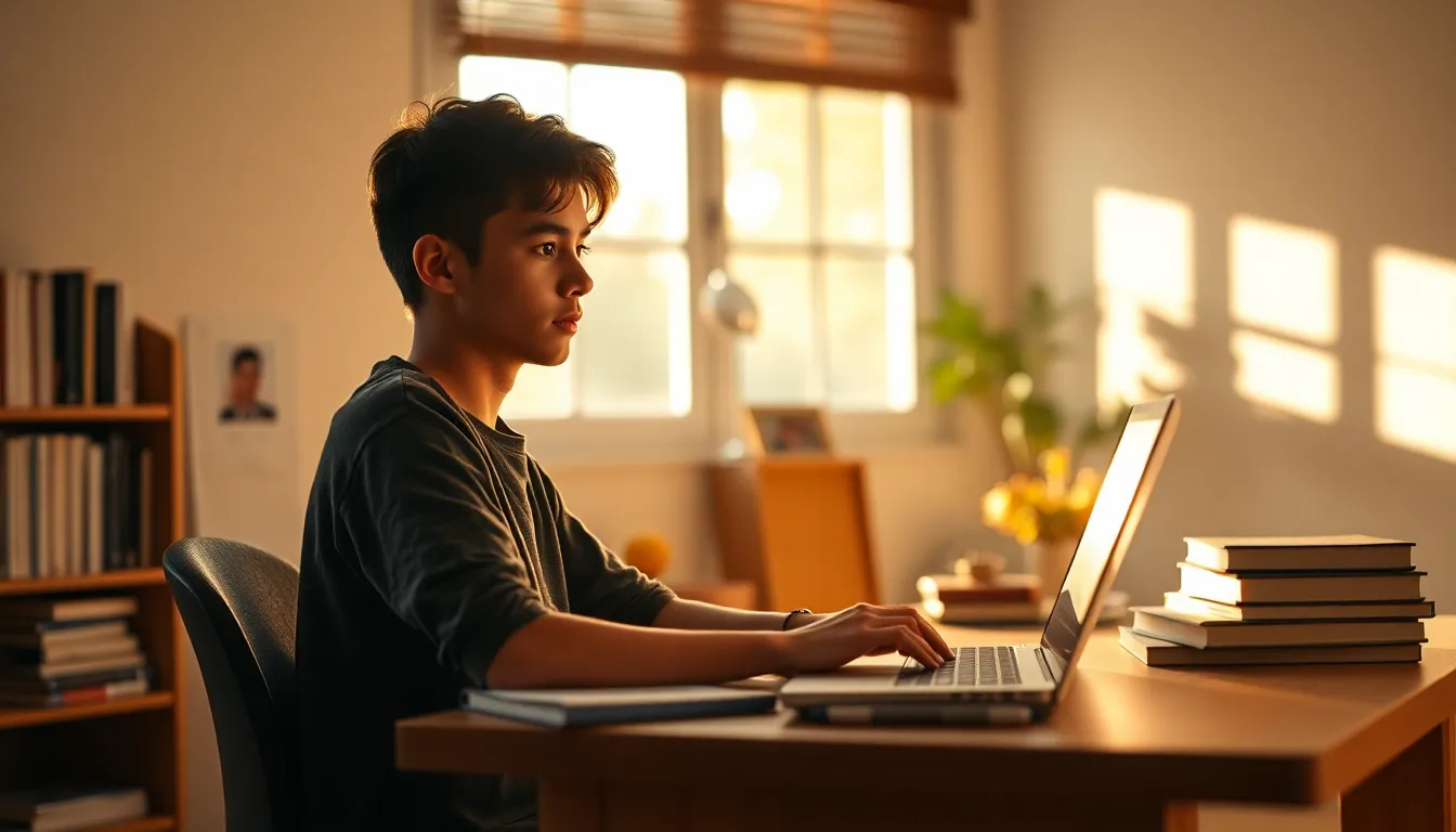 Joven utilizando la laptop para mantener concentración al estudiar