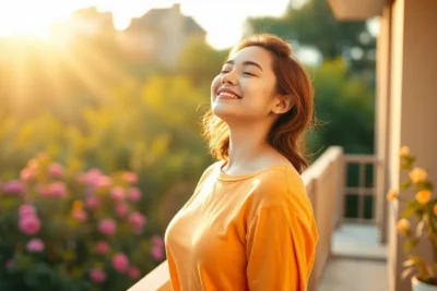 Persona sonriendo al sol en un balcón disfrutando de actividades personales para mantenerse motivado positivo.