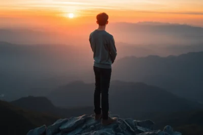 Persona en una montaña al amanecer simbolizando mantenerse motivado tiempos dificiles