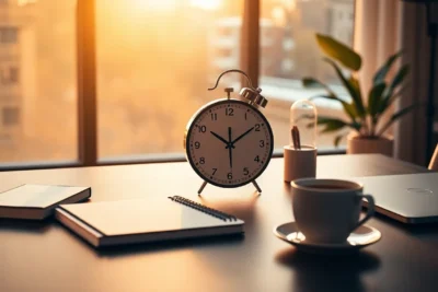 Reloj de escritorio para medir efectividad gestion tiempo con luz de la mañana